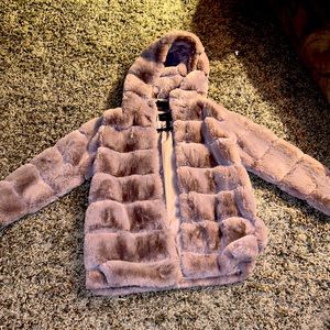 Light purple . Lavender fur coat. Pockets. Large hood.